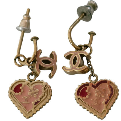 Chanel CC Logo Heart Swing Hook Earrings Gold Color Pink Red