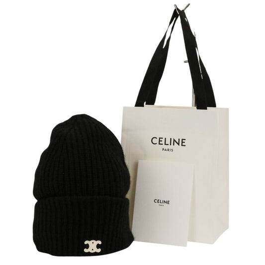 Celine Seamless Cashmere Triomphe Knit Cap Hat TU 53 cm Black
