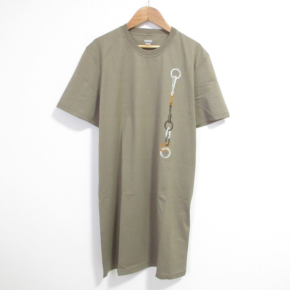 Hermes Print Short Sleeve Top Above Knee Length Dress 38 Khaki