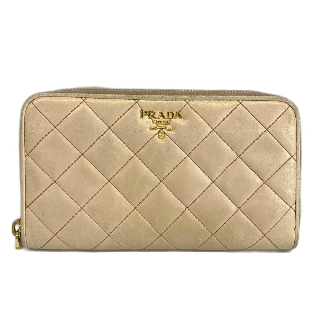Prada Wallet Leather Quilted Zip Around Logo Gold Beige