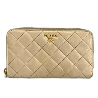 Prada Wallet Leather Quilted Zip Around Logo Gold Beige