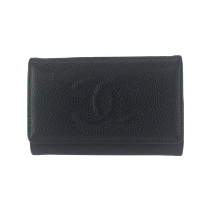 Chanel Vintage CC Logo 6 Rows Black Gold Caviar Leather Key Case Key Holder