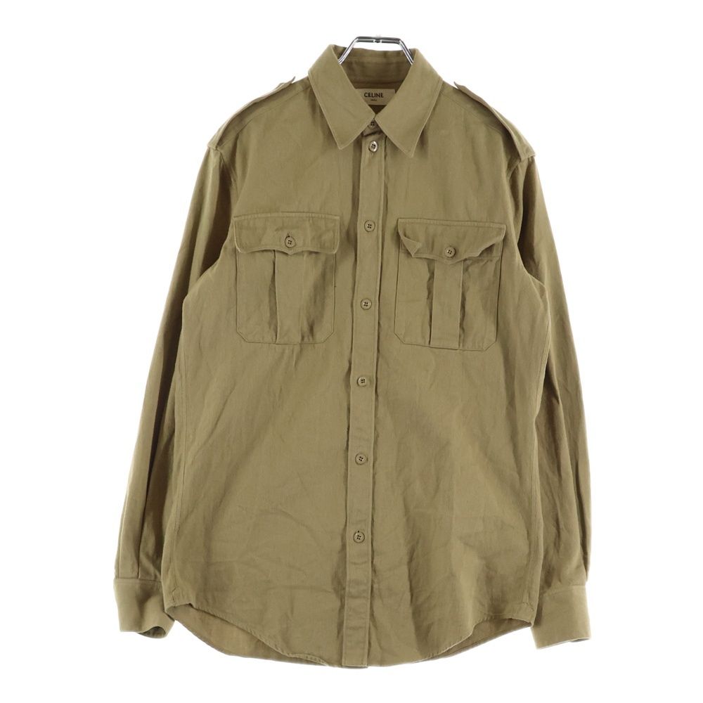 Celine Cotton Twill Military Shirt Long Sleeve Brown
