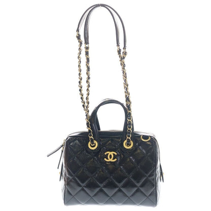 Chanel Quilted Shiny Patent 2-Way Chain Shoulder Bag Mini Black Gold