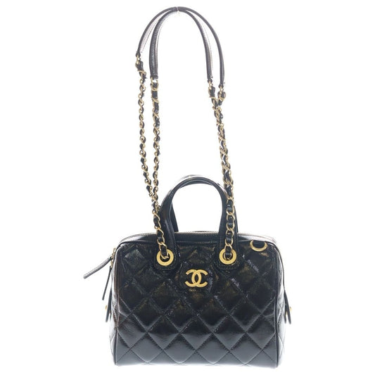 Chanel Quilted Shiny Patent 2-Way Chain Shoulder Bag Mini Black Gold