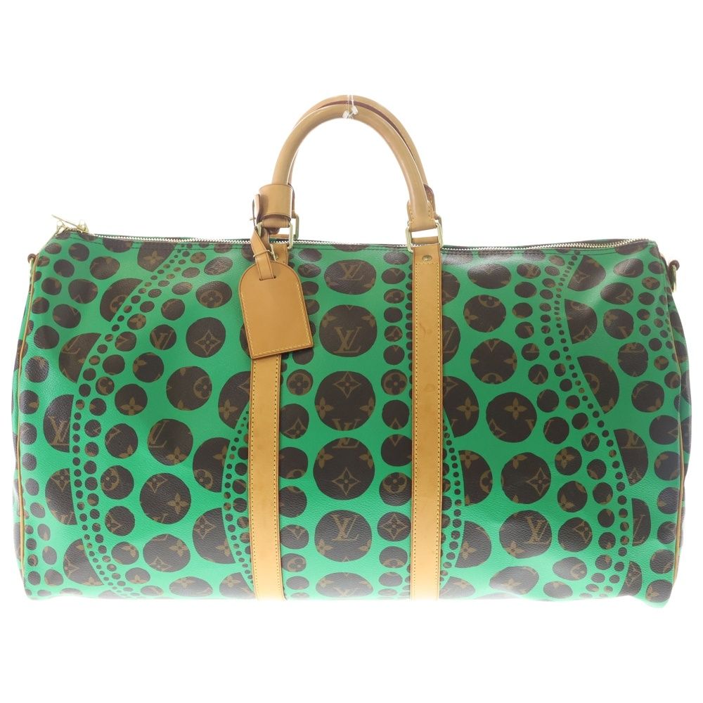 Louis Vuitton YK Yayoi Kusama Monogram Keepall 55 Leather Boston Bag Brown Green
