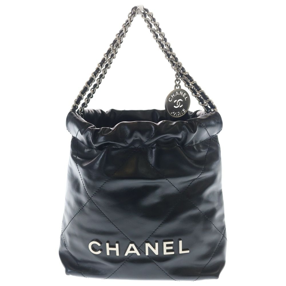 Chanel 22 Mini Chain Shoulder Bag Silver Black Plate