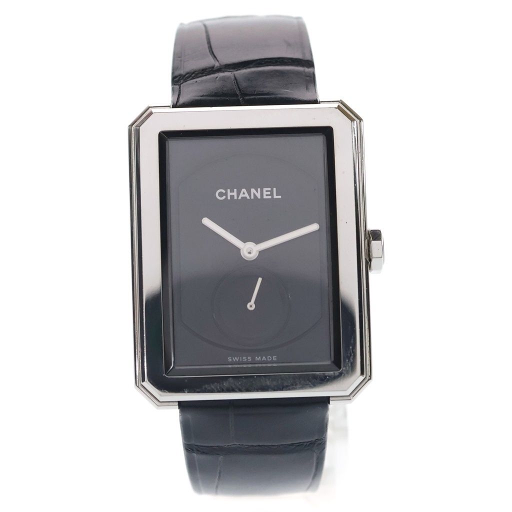 Chanel Boyfriend Watch Black Dial SS Leather Quartz 01 18 Silver
