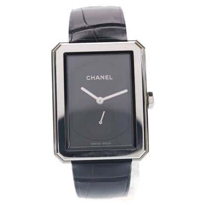 Chanel Boyfriend Watch Black Dial SS Leather Quartz 01 18 Silver