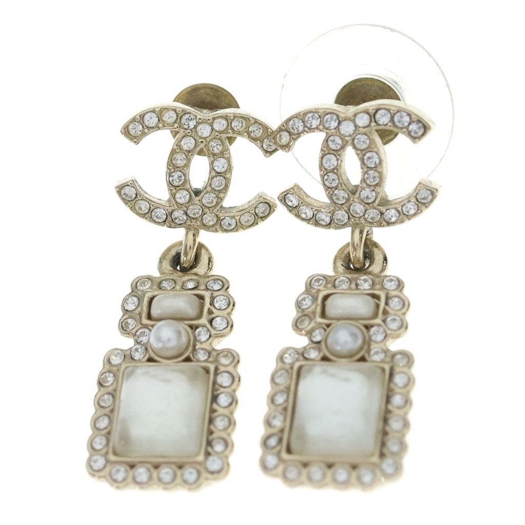 Chanel CC Logo Line Stone Bottle Motif Earrings Gold
