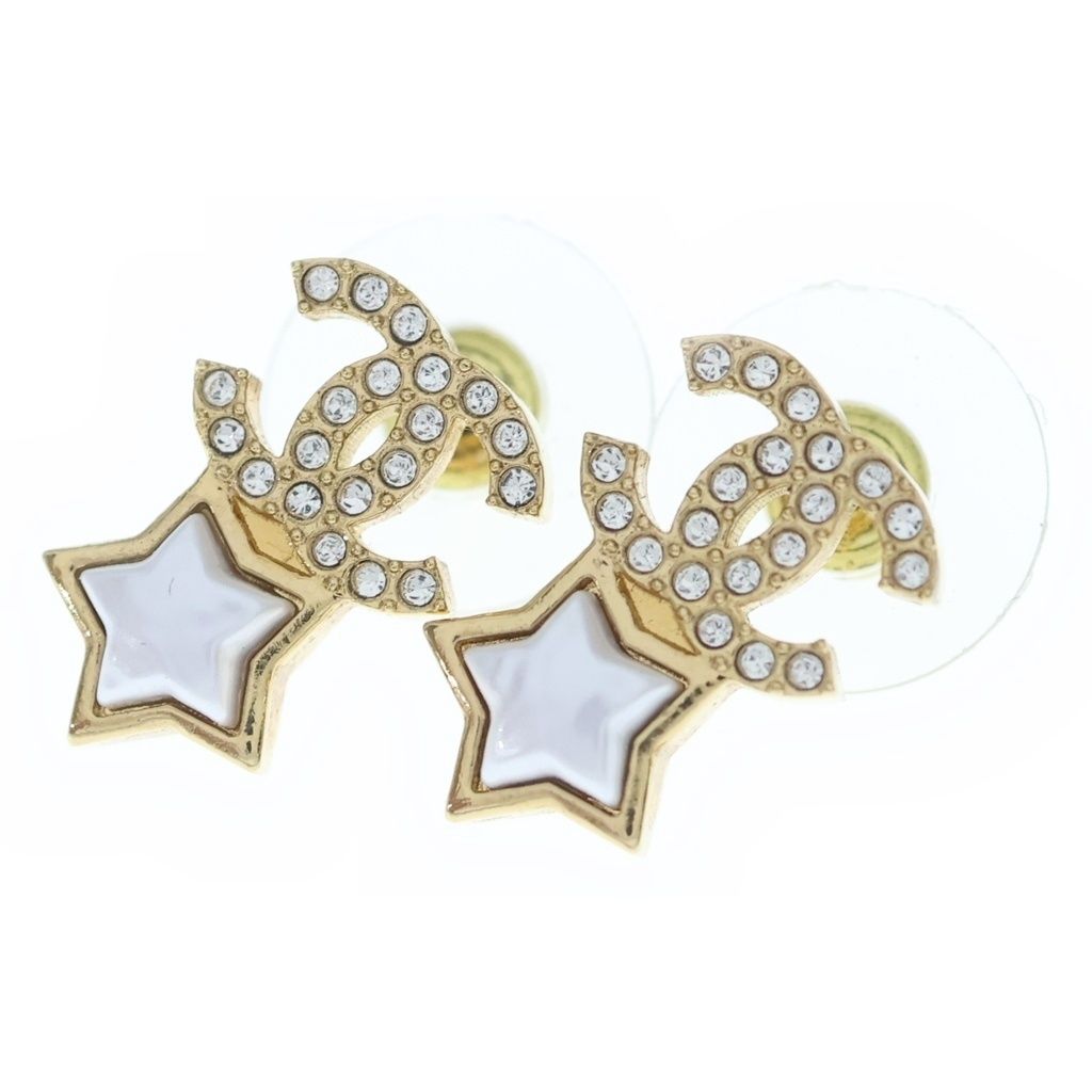 Chanel CC Logo Line Stone Earrings Star White