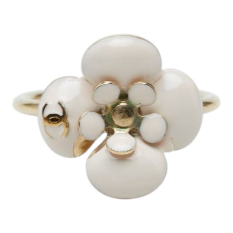 Chanel CC Logo Camellia Flower Ring Gold Beige Plated Enamel — view 2