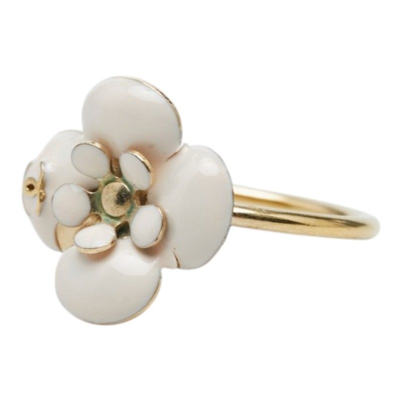 Chanel CC Logo Camellia Flower Ring Gold Beige Plated Enamel