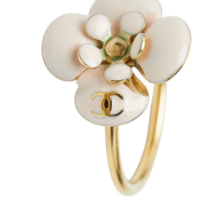 Chanel CC Logo Camellia Flower Ring Gold Beige Plated Enamel — view 3