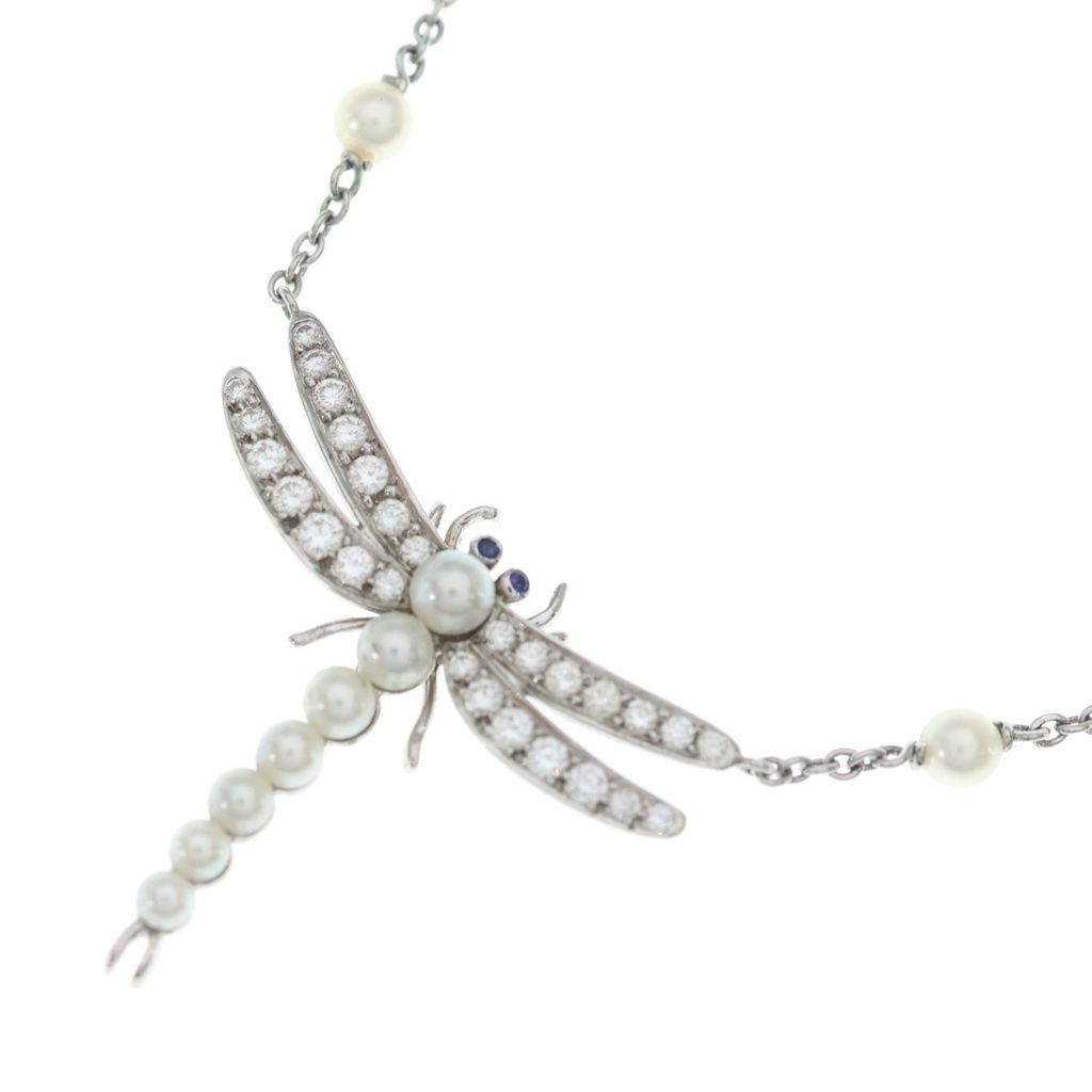 Tiffany & Co Dragonfly Pearl Saffiano Pave Diamond Necklace Platinum