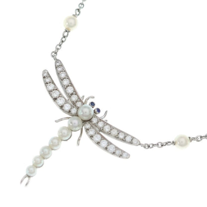 Tiffany & Co Dragonfly Pearl Saffiano Pave Diamond Necklace Platinum