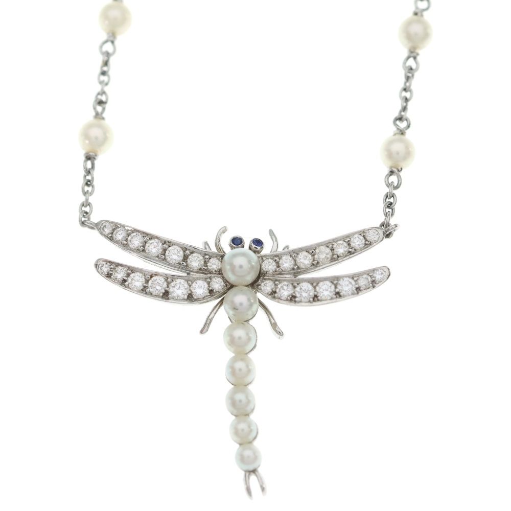 Tiffany & Co Dragonfly Pearl Saffiano Pave Diamond Necklace Platinum — view 3