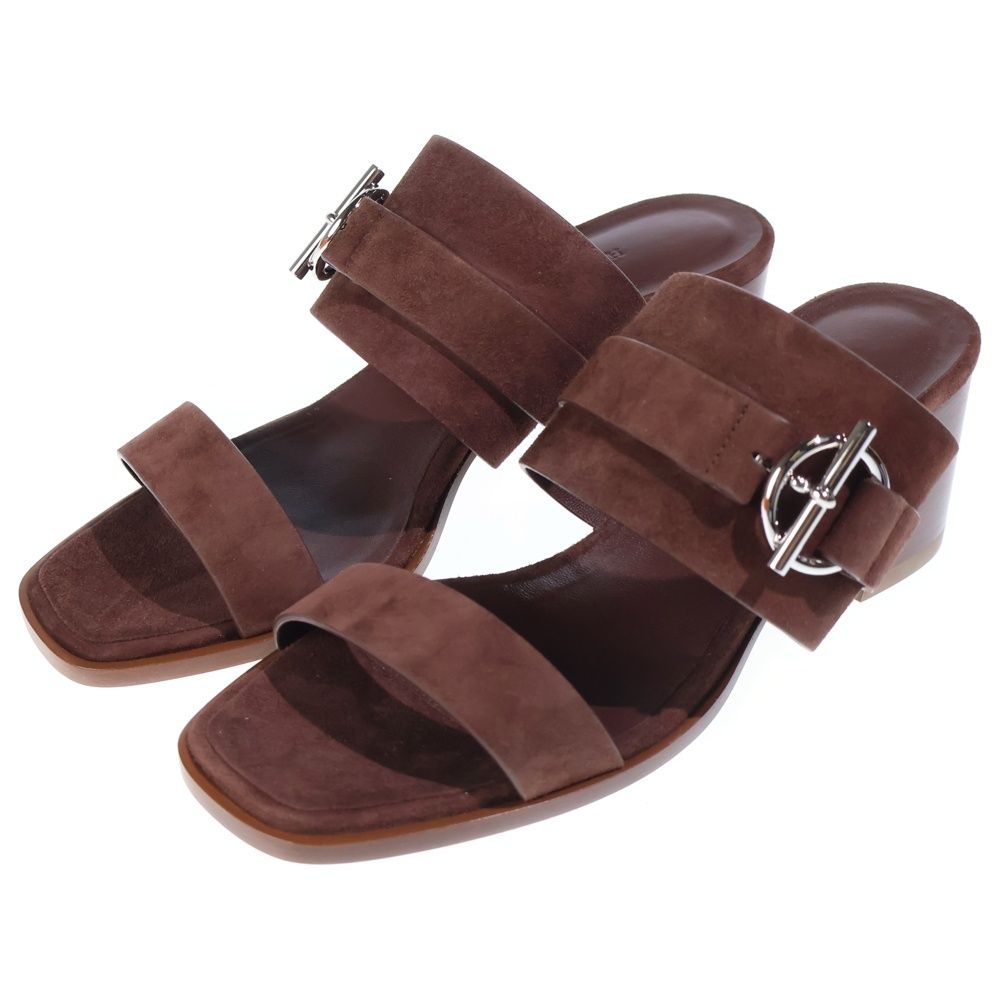 Hermes Suede Leather Heels Sandals Shoes Silver Brown — view 2