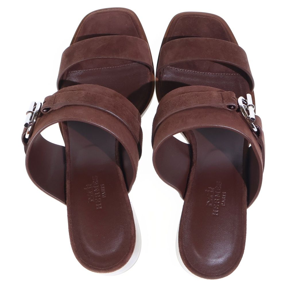 Hermes Suede Leather Heels Sandals Shoes Silver Brown — view 4