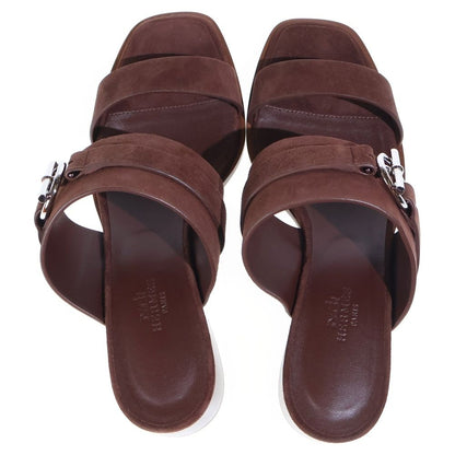 Hermes Suede Leather Heels Sandals Shoes Silver Brown — view 4