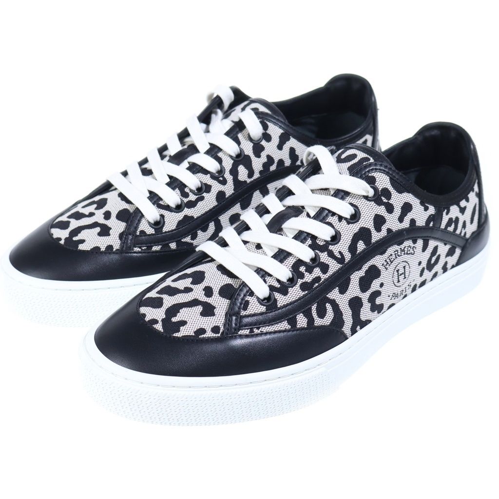 Hermes Get Leopard Print Canvas Leather Sneakers Black White — view 2