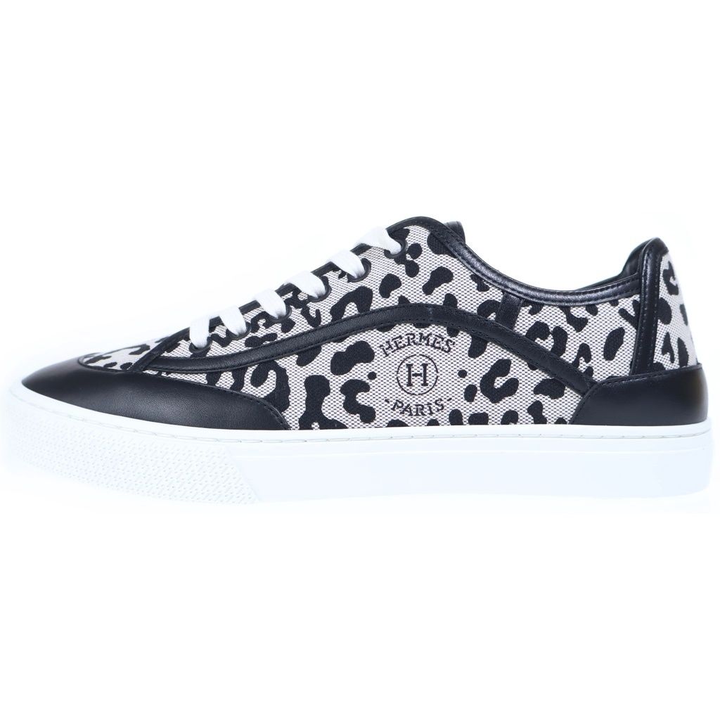 Hermes Get Leopard Print Canvas Leather Sneakers Black White