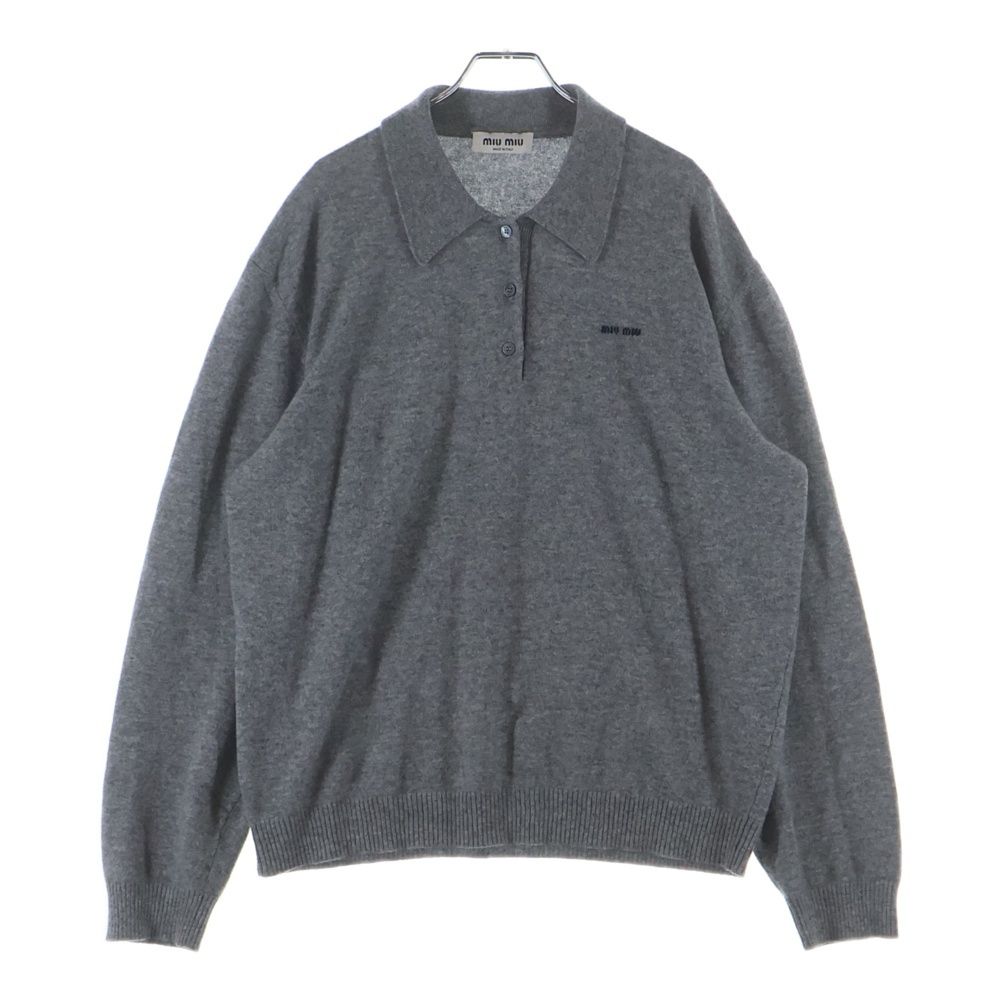 Miu Miu Logo Embroidered Cashmere Polo Knit Sweater Long Sleeve Shirt Gray