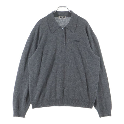 Miu Miu Logo Embroidered Cashmere Polo Knit Sweater Long Sleeve Shirt Gray