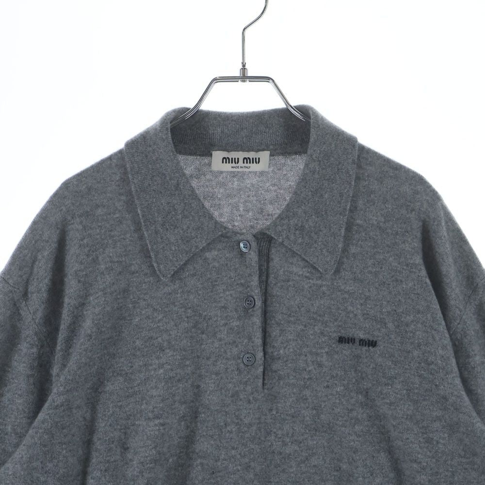 Miu Miu Logo Embroidered Cashmere Polo Knit Sweater Long Sleeve Shirt Gray — view 3
