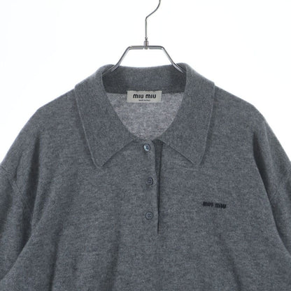 Miu Miu Logo Embroidered Cashmere Polo Knit Sweater Long Sleeve Shirt Gray — view 3