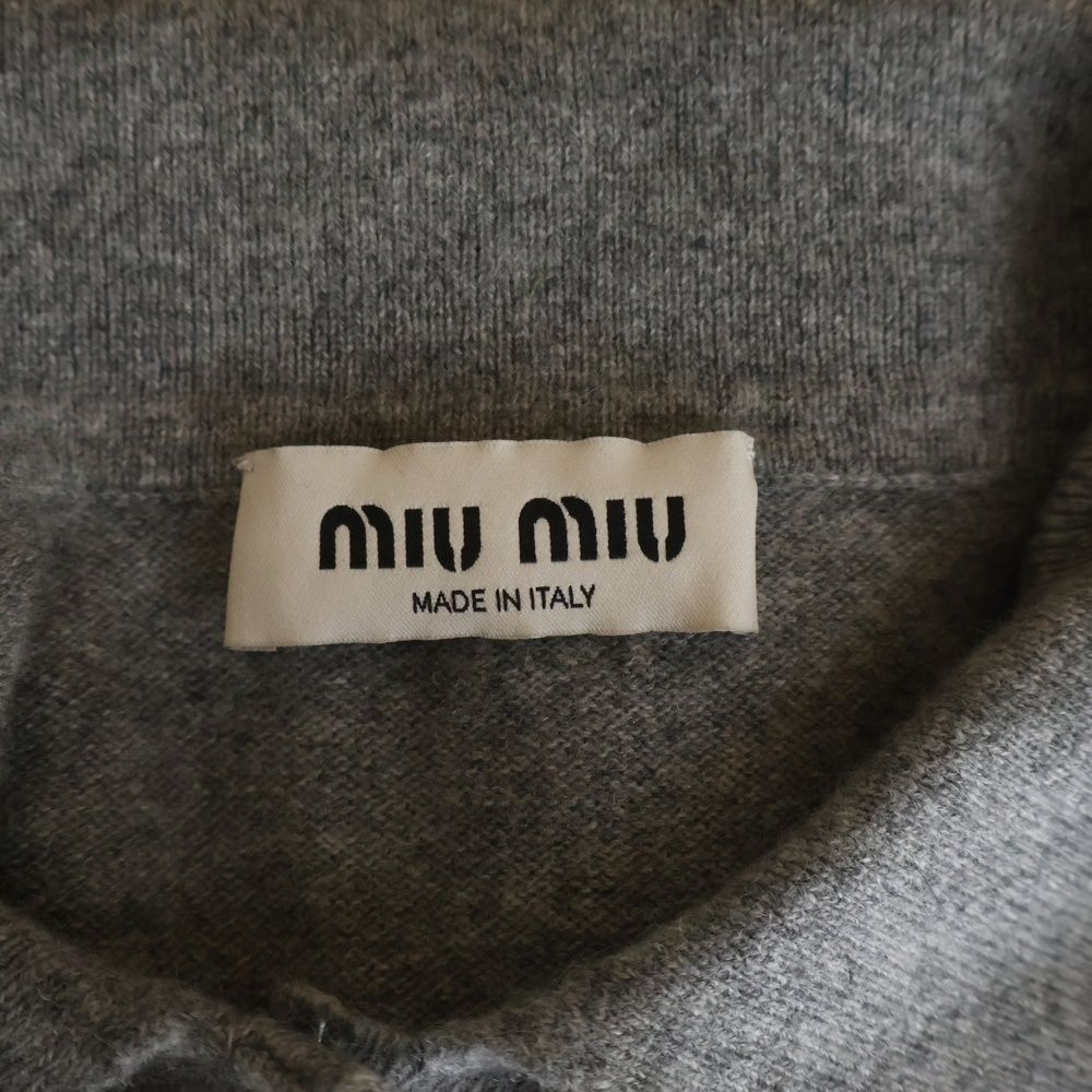 Miu Miu Logo Embroidered Cashmere Polo Knit Sweater Long Sleeve Shirt Gray — view 6