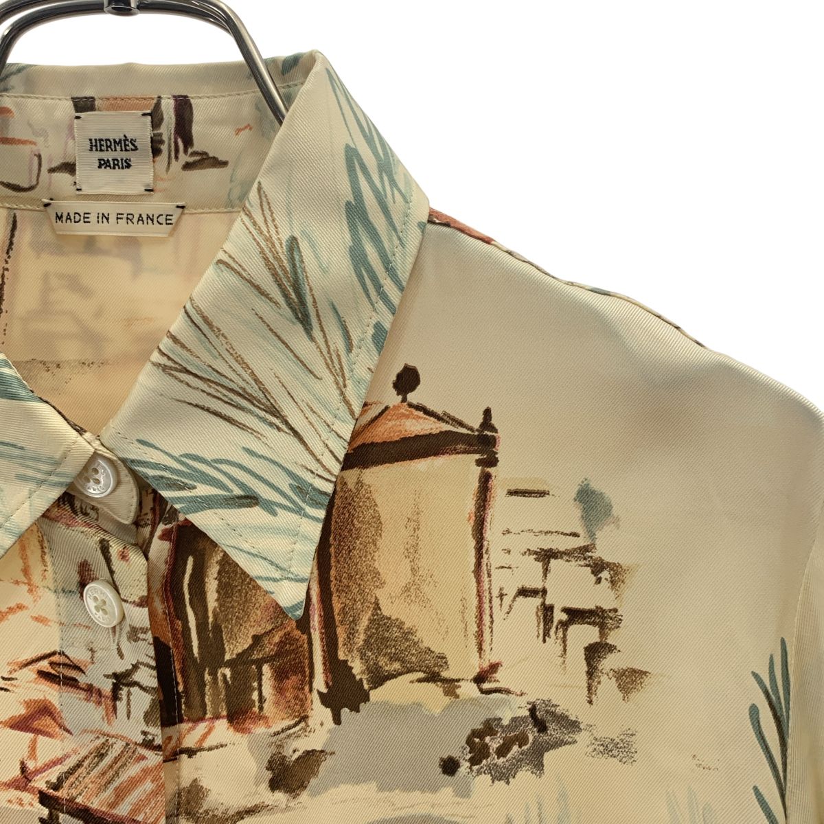 Hermes Silk All Over Pattern Logo Button Shirt Blouse 36 Ecru Multicolor — view 2