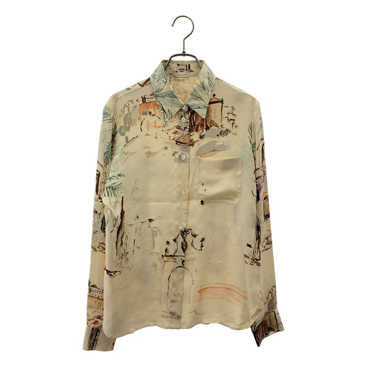 Hermes Silk All Over Pattern Logo Button Shirt Blouse 36 Ecru Multicolor
