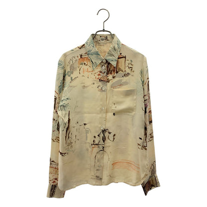 Hermes Silk All Over Pattern Logo Button Shirt Blouse 36 Ecru Multicolor