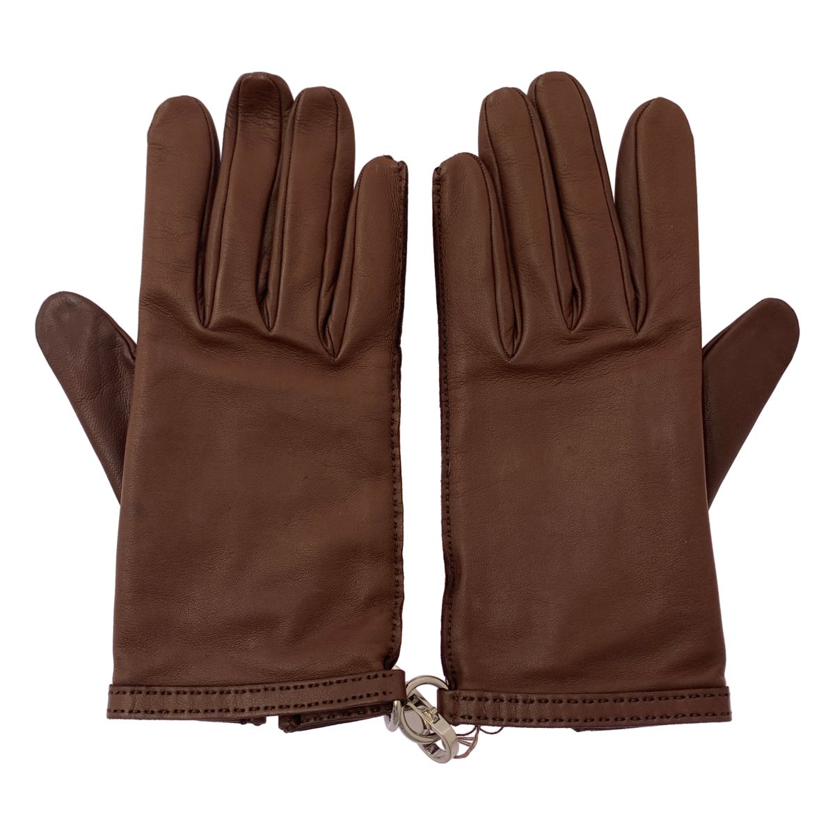 Hermes Lambskin Silver Strap Gloves 7.5) Brown — view 2