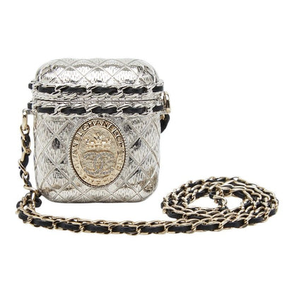 Chanel CC Logo Crown Quilted Airpods Case Silver Gold Metal Plated Line Stone