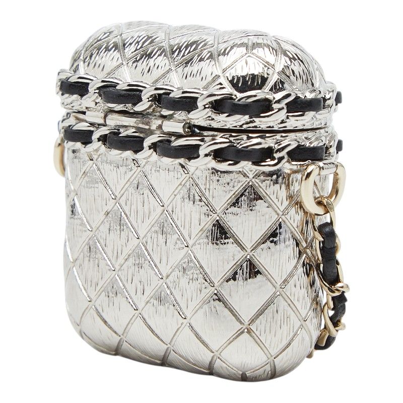 Chanel CC Logo Crown Quilted Airpods Case Silver Gold Metal Plated Line Stone — view 2