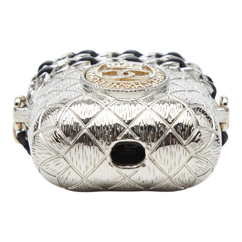 Chanel CC Logo Crown Quilted Airpods Case Silver Gold Metal Plated Line Stone — view 3