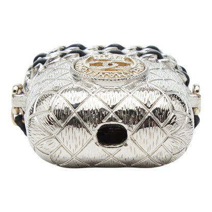 Chanel CC Logo Crown Quilted Airpods Case Silver Gold Metal Plated Line Stone — view 3