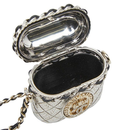 Chanel CC Logo Crown Quilted Airpods Case Silver Gold Metal Plated Line Stone — view 4