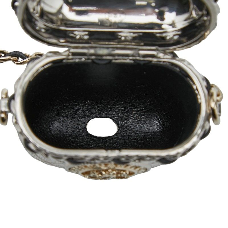 Chanel CC Logo Crown Quilted Airpods Case Silver Gold Metal Plated Line Stone — view 5