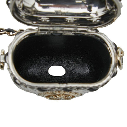 Chanel CC Logo Crown Quilted Airpods Case Silver Gold Metal Plated Line Stone — view 5