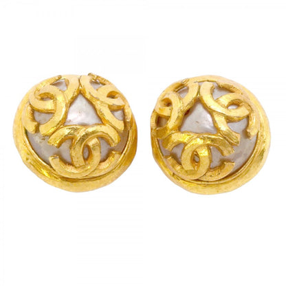 Chanel Earrings Vintage CC Logo Triple Coco Gold Plated Faux Pearl