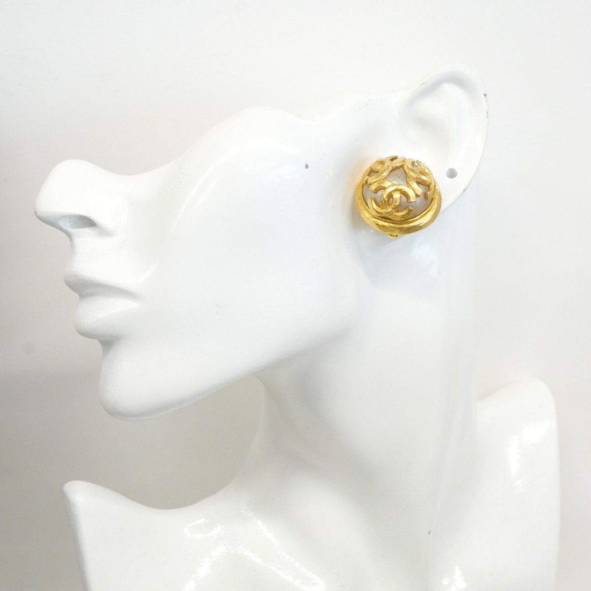 Chanel Earrings Vintage CC Logo Triple Coco Gold Plated Faux Pearl — view 5