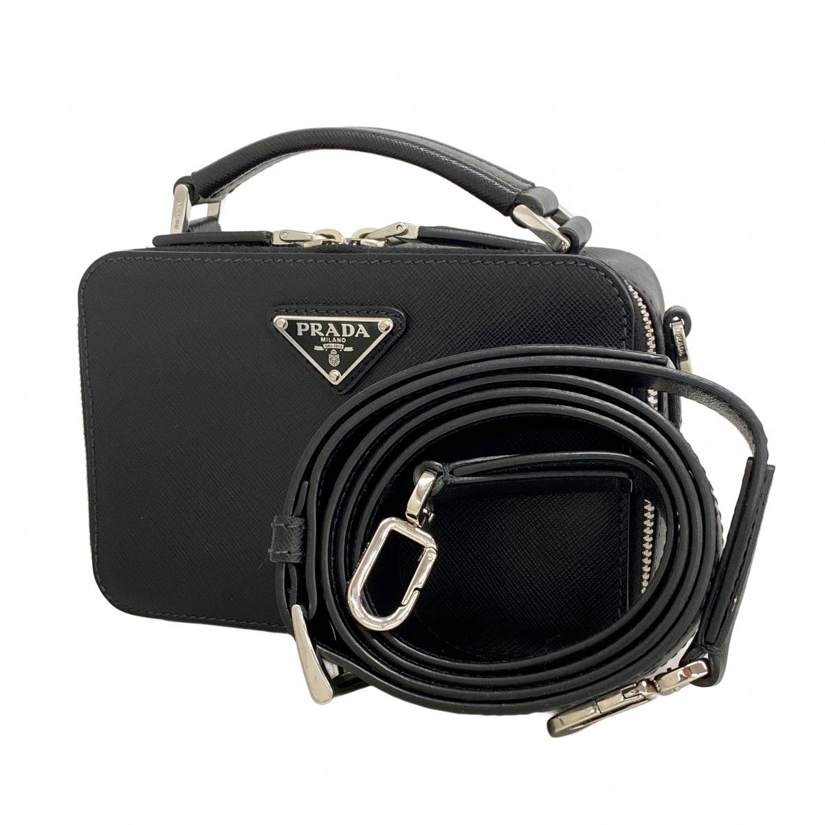 Prada Handbag Saffiano Leather Black Silver 2-Way Bag
