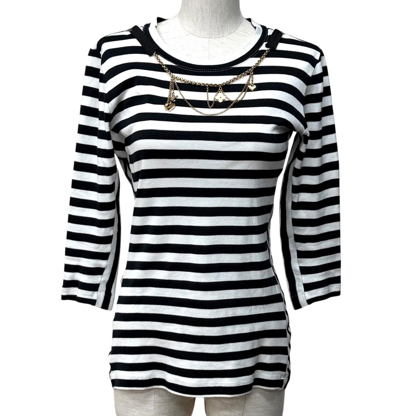 Louis Vuitton Cotton 100% Border Chain Decor Crew Neck 3/4 Sleeve Top White