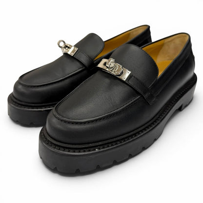 Hermes Moccasins Icon Silver Kelly Leather Loafers Black