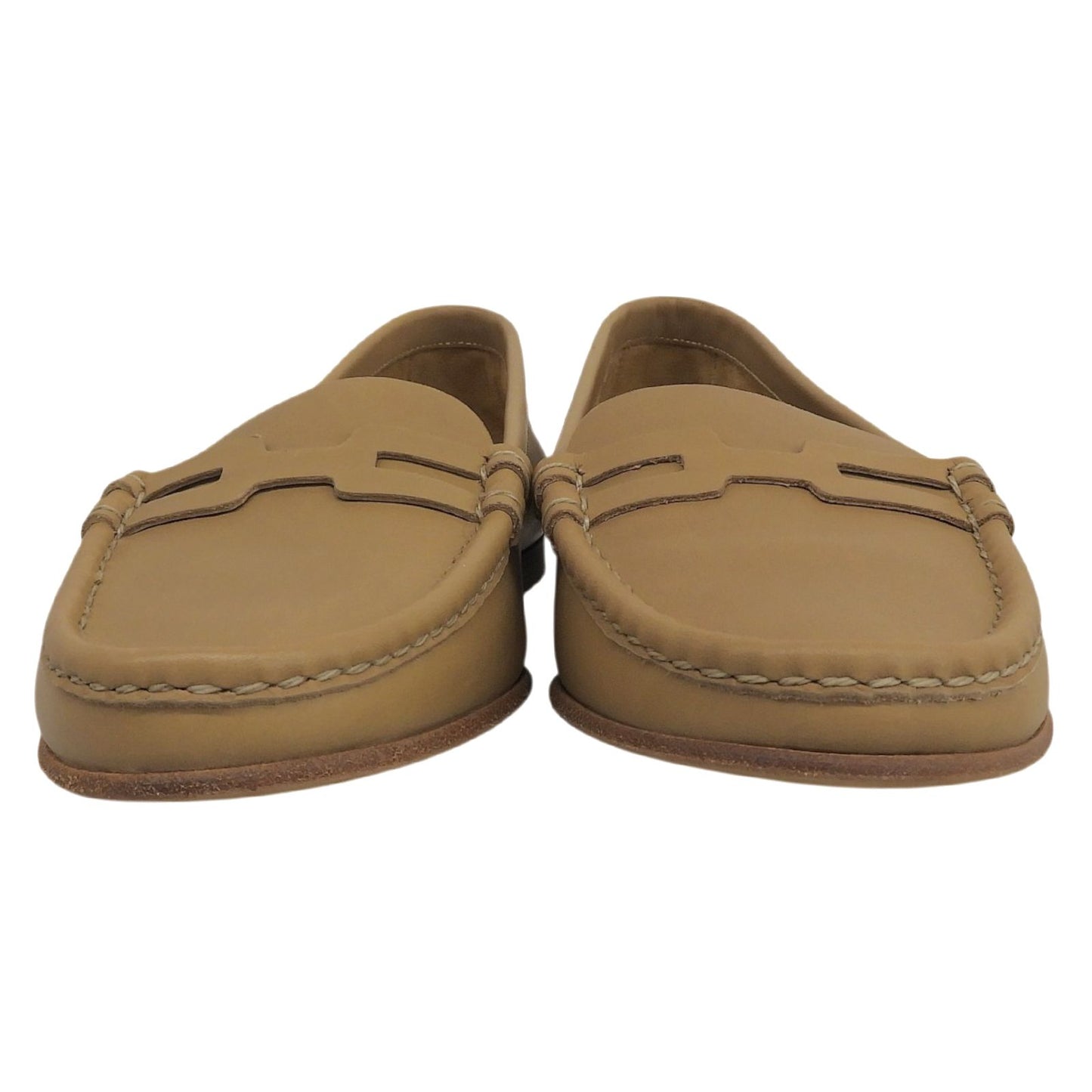 Hermes Logo Leather Loafers Moccasin Flat Shoes Beige — view 4