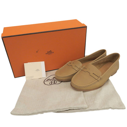 Hermes Logo Leather Loafers Moccasin Flat Shoes Beige — view 2