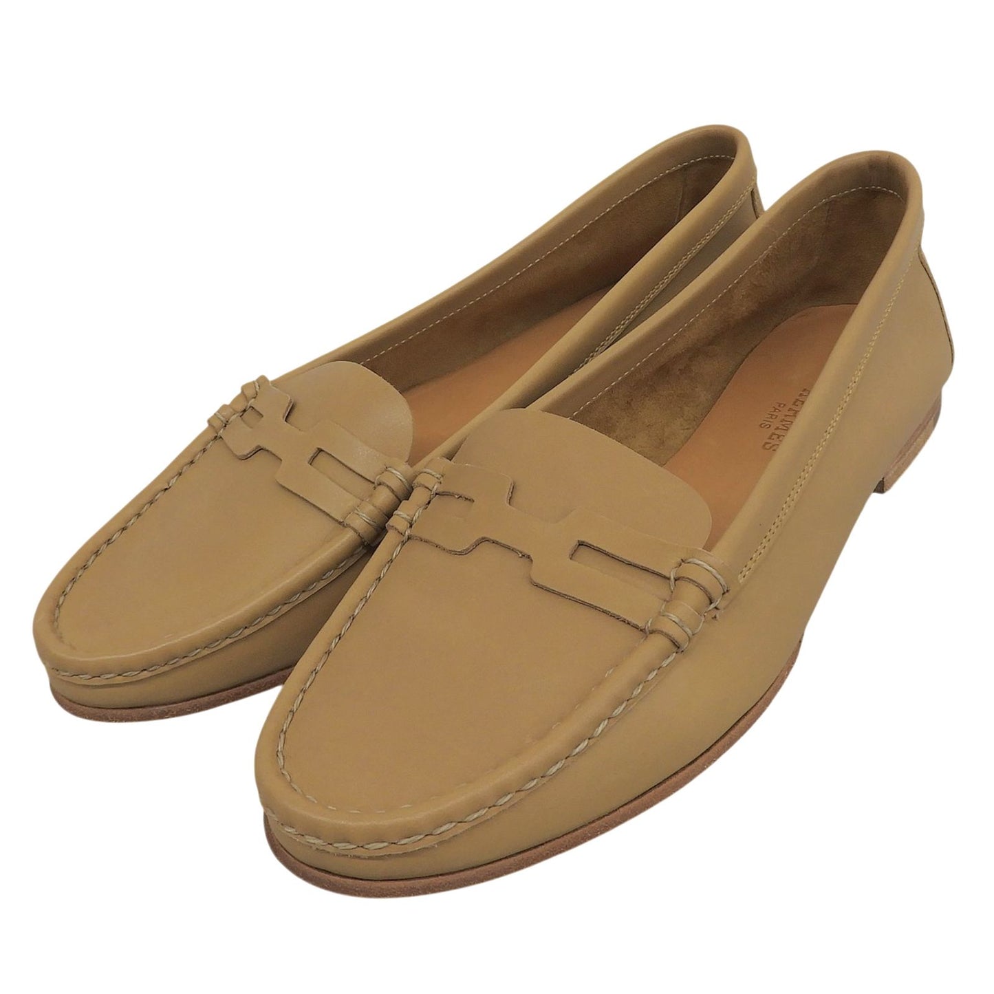 Hermes Logo Leather Loafers Moccasin Flat Shoes Beige